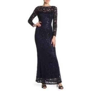 Marina Navy Sequin Formal Lace Maxi Gown Dress